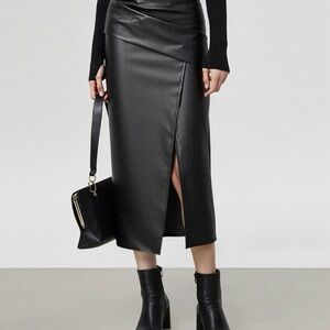 Commense Ruched PU Leather Midi Skirt with Slit